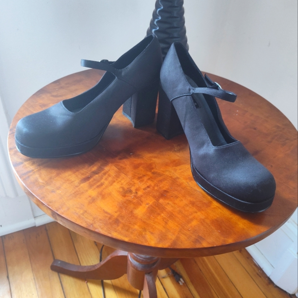 Bass Charleston black satin chunky heel platform Mary Janes
